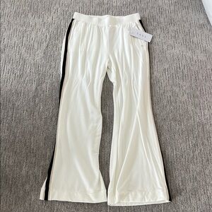 Elegant cream Wide Leg Pants with Black Stripes